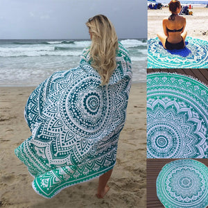 Sunbath Round Beach Towels Bohemian Style Print Ball Tassel
