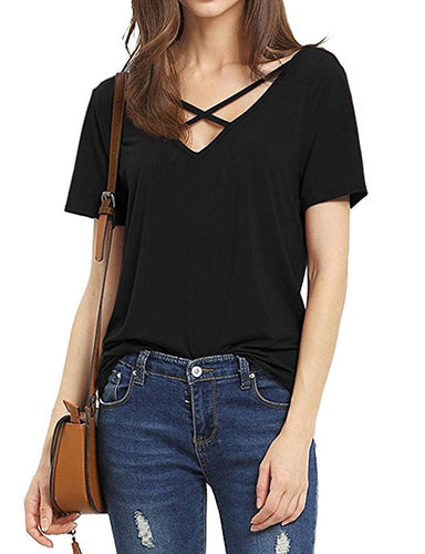 Women's Summer Cross Front T V Neck Casual  Tees T Shirts