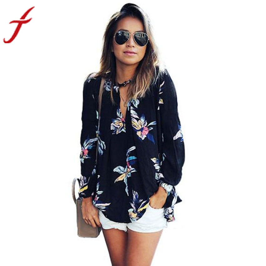 Womens Chiffon Blouse 2016 Fashion Floral Printing Loose Long Sleeve Tops