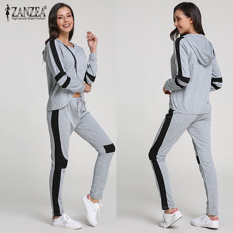 Women Oversized Tracksuits Patchwork Hooded Zipper Sweatshirt Sexy 2 Piece Set