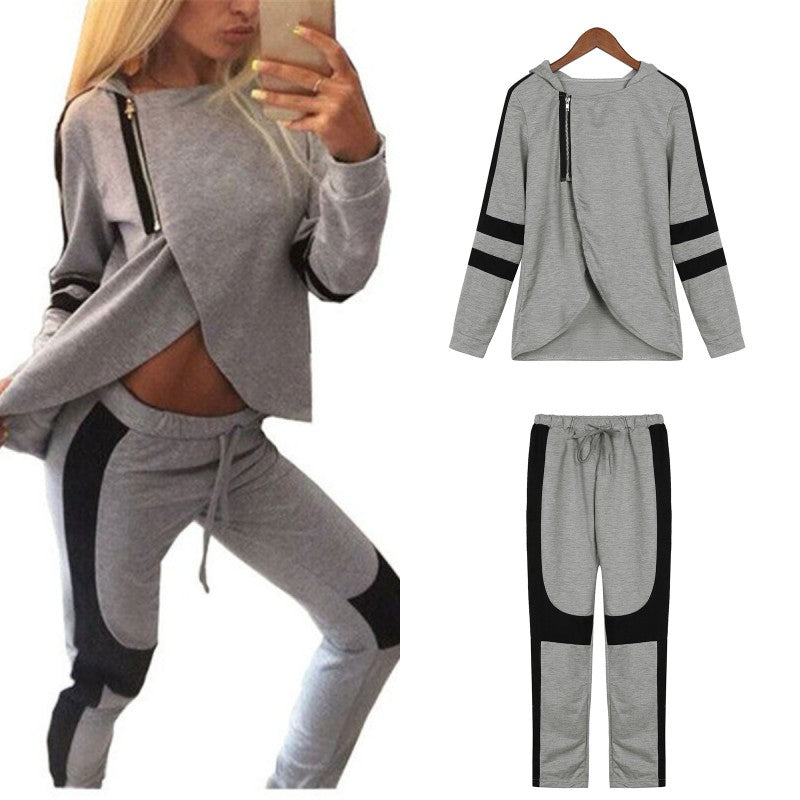 2018 Fashion Autumn Women Tracksuits Patchwork Hooded Oblique Zipper