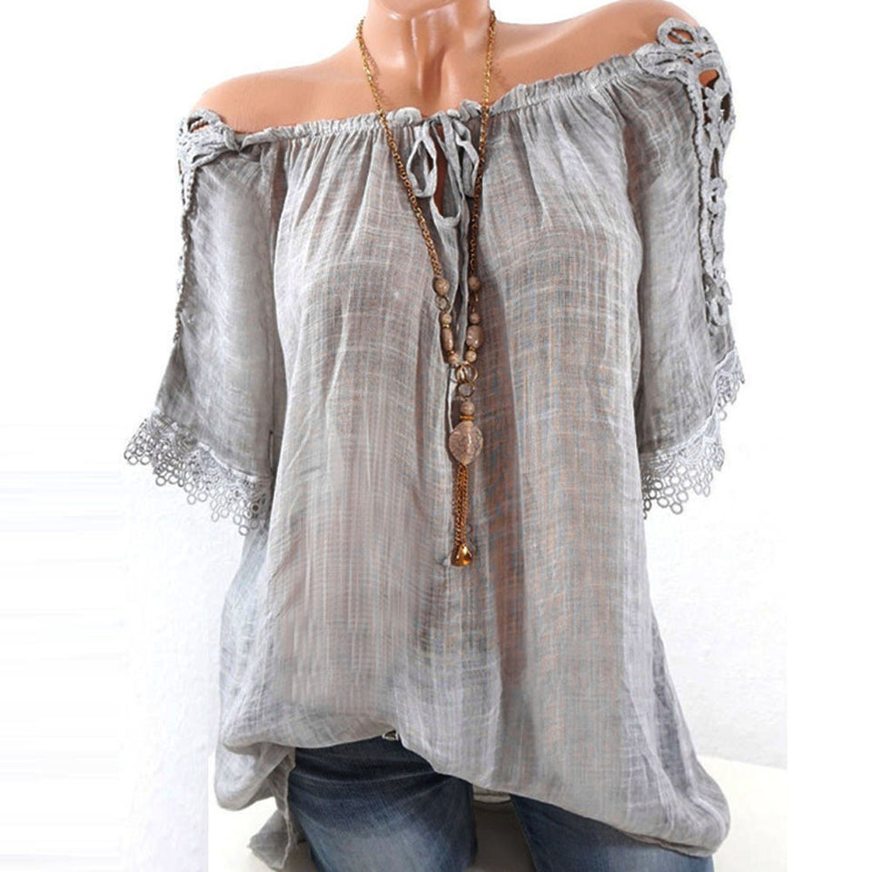 Women Short Sleeve Lacepatchwork T Shirts Off Shoulder