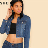 Women Blue Long Sleeve Short Casual Denim Jackets 2018 Turn-down Distressed Crop