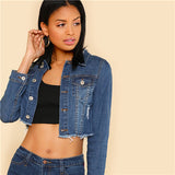 Women Blue Long Sleeve Short Casual Denim Jackets 2018 Turn-down Distressed Crop