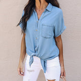 2018 Summer Top Women's Denim Blouse With Pockets Vintage Short Sleeve