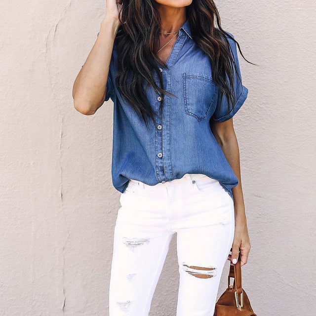 2018 Summer Top Women's Denim Blouse With Pockets Vintage Short Sleeve
