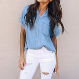 2018 Summer Top Women's Denim Blouse With Pockets Vintage Short Sleeve