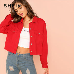 Red Solid Pocket Front Button Up Jacket Cotton Casual Plain Long Sleeve Single Button