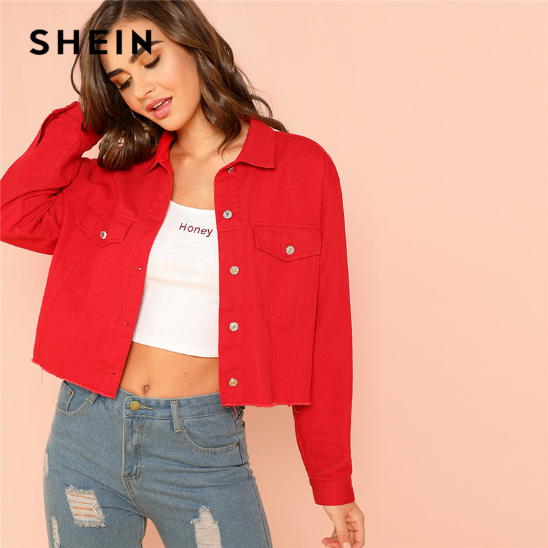 Red Solid Pocket Front Button Up Jacket Cotton Casual Plain Long Sleeve Single Button