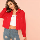 Red Solid Pocket Front Button Up Jacket Cotton Casual Plain Long Sleeve Single Button
